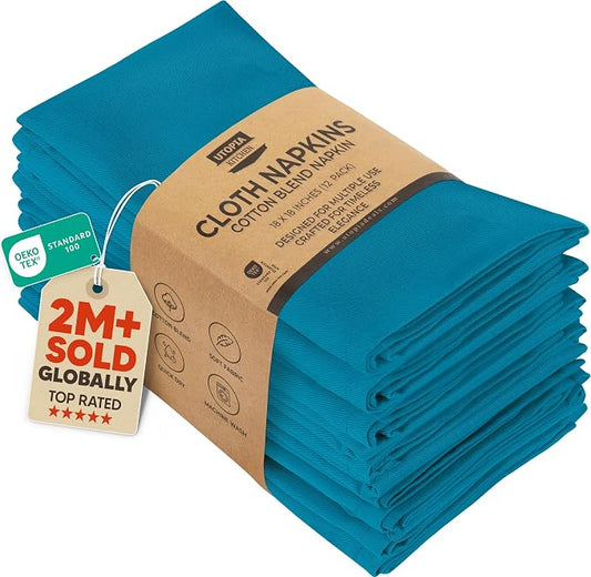 Utopia Kitchen Teal Cloth Napkins [12 Pack, 18x18 Inch] Absorbent Cotton Blend Washable and Reusable for Dinner, Restaurant, Lunch, Wedding and Hotel
