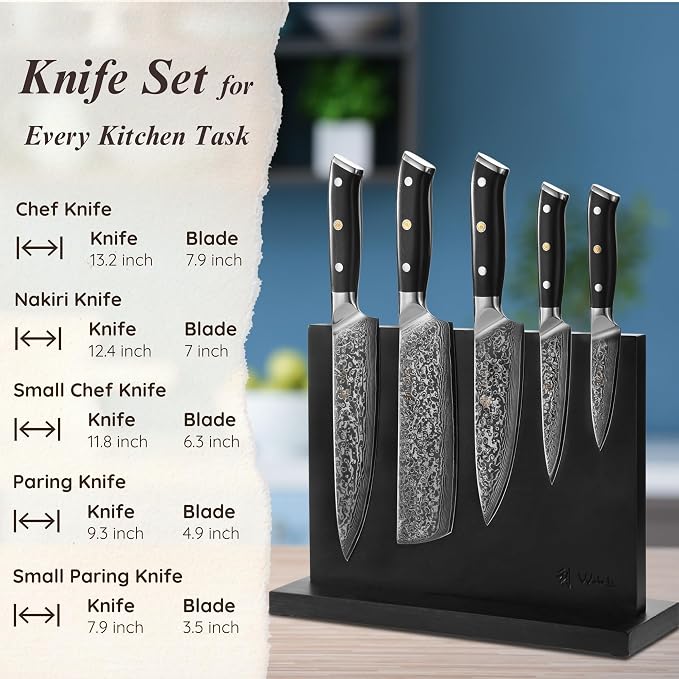Wakoli Elite Cuisine Knife Block Set – 5-Piece Professional Damascus Kitchen Knife Set with Magnetic Block, G10 Handles & VG10 Core in Elegant Gift Box