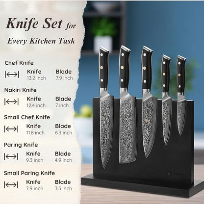 Wakoli Elite Cuisine Knife Block Set – 5-Piece Professional Damascus Kitchen Knife Set with Magnetic Block, G10 Handles & VG10 Core in Elegant Gift Box