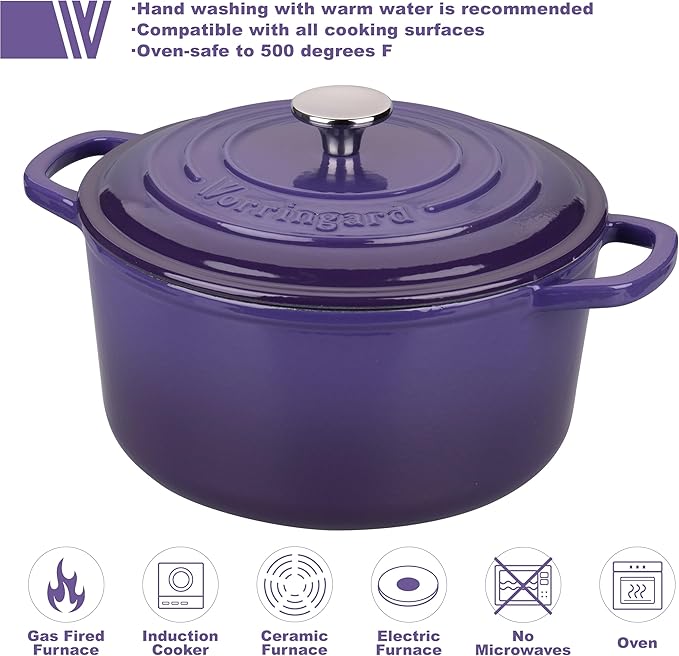 VORRINGARD Enameled Cast Iron Dutch Oven Pot with Lid, for Sourdough Bread Baking, Round Dutch Ovens, 4.5 Quart, Purple