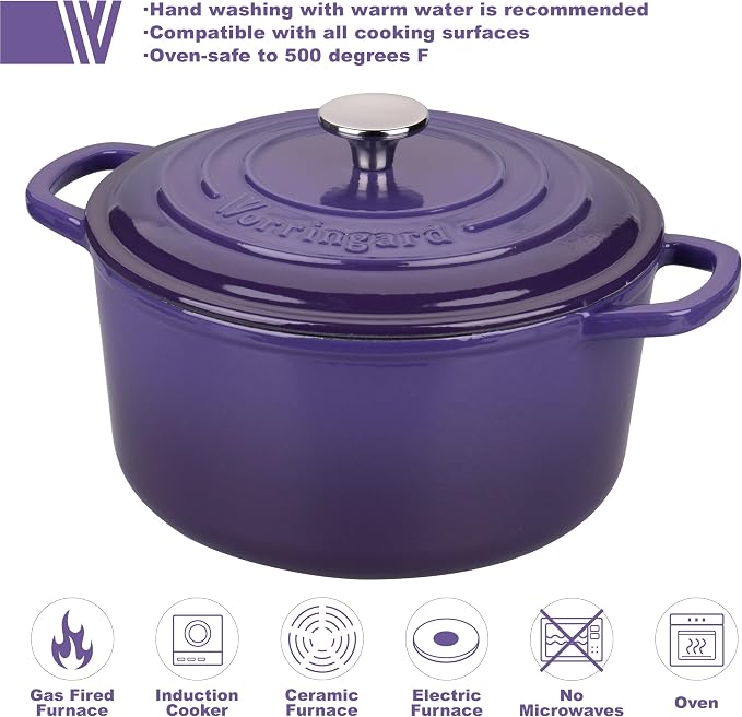 VORRINGARD Enameled Cast Iron Dutch Oven Pot with Lid, for Sourdough Bread Baking, Round Dutch Ovens, 6 Quart, Purple