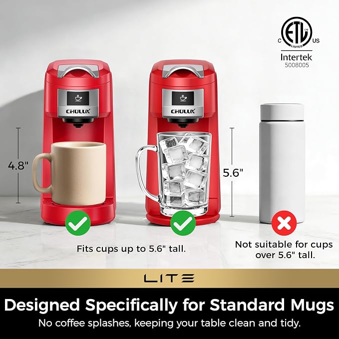 CHULUX Lite Single Serve Coffee Maker for K Cup Capsules, Single Cup Reservoir Coffee Maker with One Touch Brewing, 5 to 12 Oz Brew Sizes, Designed Specifically for Standard Mugs, Red