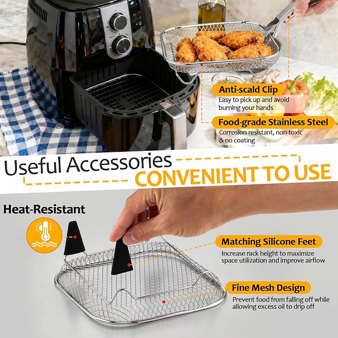 TeamFar Square Air Fryer Rack, 7.72" Stainless Steel Stackable Air Fryer Basket Accessories for Frying Roasting Baking, 3pcs Dehydrator Rack with Silicone Feet & Clip, Oven & Dishwasher Safe