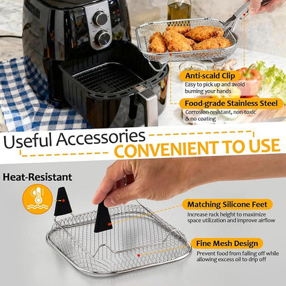 TeamFar Square Air Fryer Rack, 7.72" Stainless Steel Stackable Air Fryer Basket Accessories for Frying Roasting Baking, 3pcs Dehydrator Rack with Silicone Feet & Clip, Oven & Dishwasher Safe