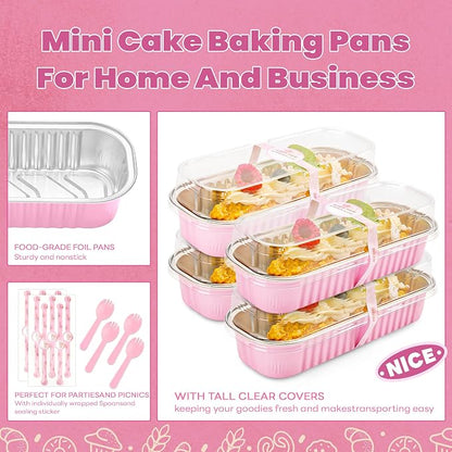 NPLUX Mini Loaf Pans with Lids and Spoons Rectangular Aluminum Foil Baking Pans Mini Cheesecake Containers 6.8oz, Graduation Gifts Party Favors(120 Pack, Pink)