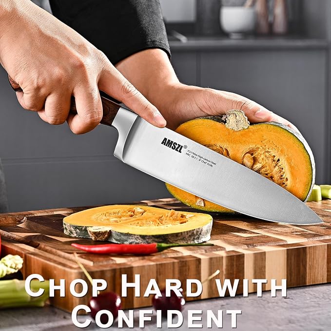 8 Inch Chef Knife, Ultra Sharp German Steel Full Tang | One knife for 90% of kitchen tasks: slice meat, dice vegetables, mince herbs, chop nuts. Replaces a drawer of mediocre blades