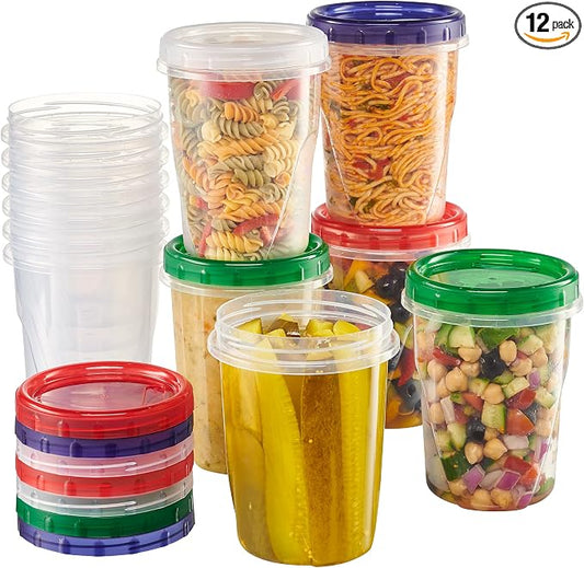 ELEGANT DISPOSABLES 32 ounce Plastic Food Storage Containers with colored Twist Top Lids Reusable Leak Proof Deli Containers for Freezer Storage Meal Prep Pack of 12