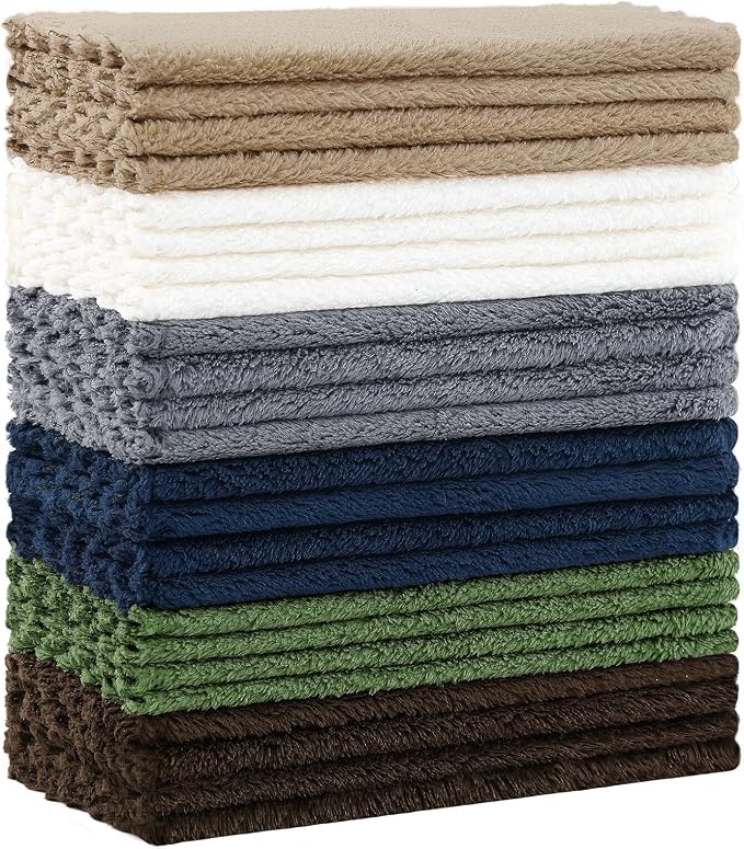 Kitinjoy 24 Pack Kitchen Dish Cloths, Super Soft and Absorbent Coral Velvet Dish Towels (7 x 9 Inches, White/Tan/Grey/Navy Blue/Brown/Grass Green)