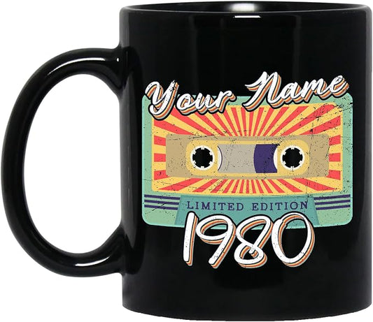 Personalized Vintage Cassette Tape Vintage 1980 Mug, Custom Your Name, 1980 Retro Coffee Mug, 42nd Birthday Present Gifts, 1980 Birthday Gift For Friends Family, Customizable Black Tea Cups