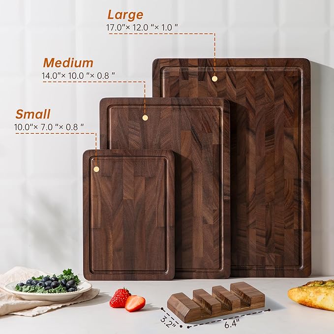 THETCHRY Walnut Wood Cutting Board Set, End Grain Cutting Boards for Kitchen with Handle, Non Toxic Wooden Charcuterie Boards Double Sided, Butcher Block for Meal Prep & Serving with Gift Box