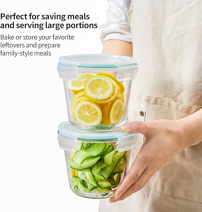 8 PCS Glass Meal Prep Containers with Lids, Airtight 3 Cup Glass Storage Containers Set, Round Deep Soup Containers with Lids for Leftover, Microwave, Dishwasher, and Freezer Safe (6pc)