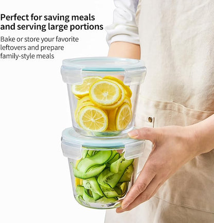 8 PCS Glass Meal Prep Containers with Lids, Airtight 3 Cup Glass Storage Containers Set, Round Deep Soup Containers with Lids for Leftover, Microwave, Dishwasher, and Freezer Safe(4 Sets)