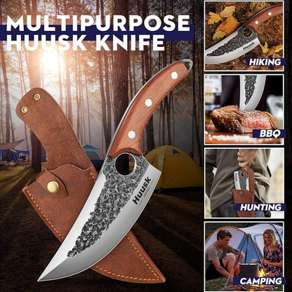 Huusk Knife Japan Kitchen, Upgraded Viking Knives with Sheath Hand Forged Butcher Knife for Meat Cutting Japanese Cooking Meat Cleaver Huusk Chef Knives for Outdoor Camping, BBQ