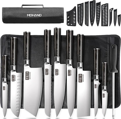 MDHAND Chef Knife Set with Roll Bag, 10PCS Professional Knife Set with Sharpener, High Carbon Stainless Steel Japanese Kitchen Knives - Black Pakkawood Handle, Dishwasher Safe, For Cooking, Chef Gifts