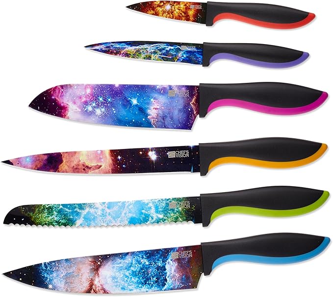 CHEF'S VISION Cosmos Kitchen Knife Set – 6-Piece Stainless Steel Knives with Non-Stick Coating, Dishwasher Safe, Galaxy Design, Unique Gift for Space Lovers
