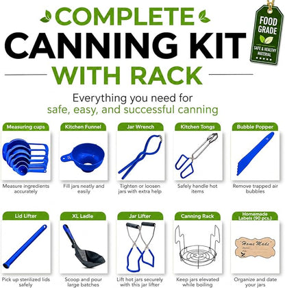 Supa Ant Blue Canning Supplies Starter Kit-10 pc Canner Accessories with Canning Rack for Jars, XL Ladle, Wide Mouth Jar Funnel, Jar Lifter & Wrench, Bubble Popper/Measurer, Lid Lifter, Kitchen Tongs