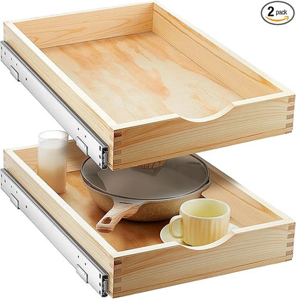 Menkxi 2 Set Wooden Pull out Cabinet Organizer Fully Assembled Slide out Pantry Drawer with Gentle Close Storage Shelf Tray for Base Kitchen Under Sink Bathroom Accessory(Wood Color,15'' X 21'' X 3'')