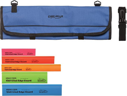 Ergo Chef 8 Pocket Roll Bag for Chef Knives, 1 Large Mesh Pocket for Kitchen Utensils (Blue) with 5pc (Multi-Color) Knife Edge Guards & Shoulder Strap