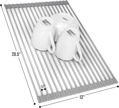 Sorbus Roll-Up Dish Drying Rack [Large 20.5'' X 13"] Over The Sink Drying Mat,- Multipurpose Dish Drainer - Fruits and Vegetable Rinser - Durable Silicone Covered Stainless Steel (Warm Gray)