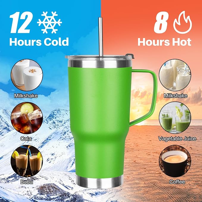 20 oz Tumbler with Handle, Stainless Steel Insulated Tumbler with Lid and Straw, Double Wall Vacuum Coffee Mug Tumbler, Insulated Coffee Thermal Cup for Cold and Hot (Bright Green, 20, ounces)