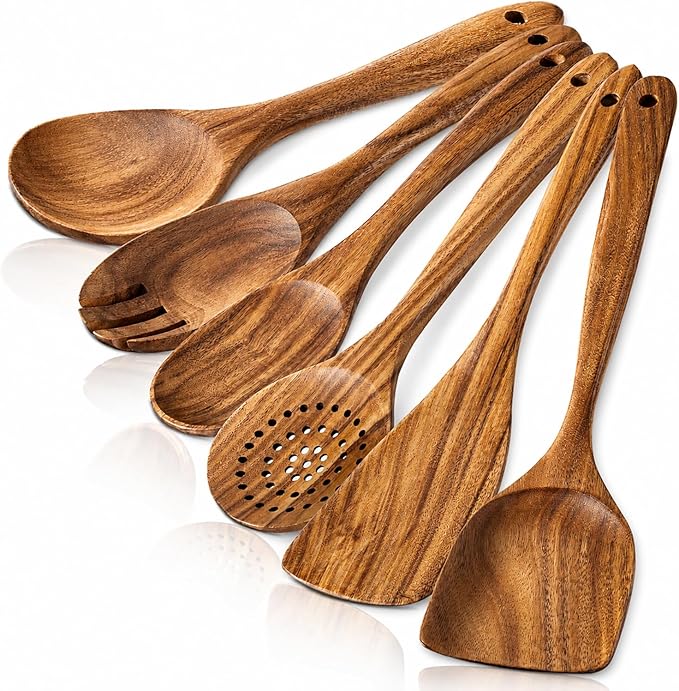 6 Pack Wooden Spoons For cooking – Heat-Resistant Wood Spatula with Comfort Grip, Lightweight Kitchen Cooking Utensils set, wood Spoon utensil Set Perfect for Non-Stick Cookware