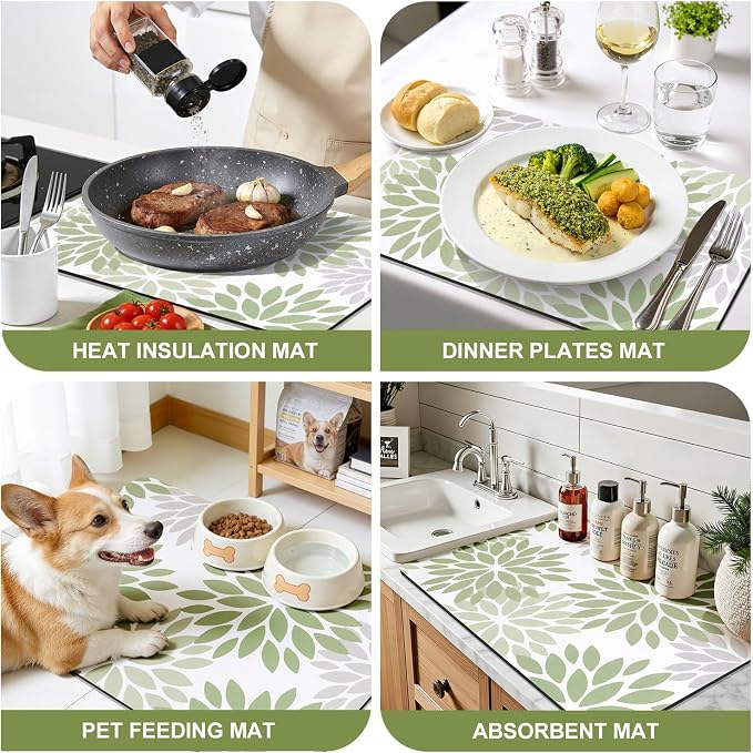 Findosom Floral Dish Drying Mat, 16" x 20" Super Absorbent & Hide Stain Coffee Mat, Cuttable Drying Mat for Kitchen Counter, Under Dish Rack, Coffee Maker, Espresso Machine, Sage Green