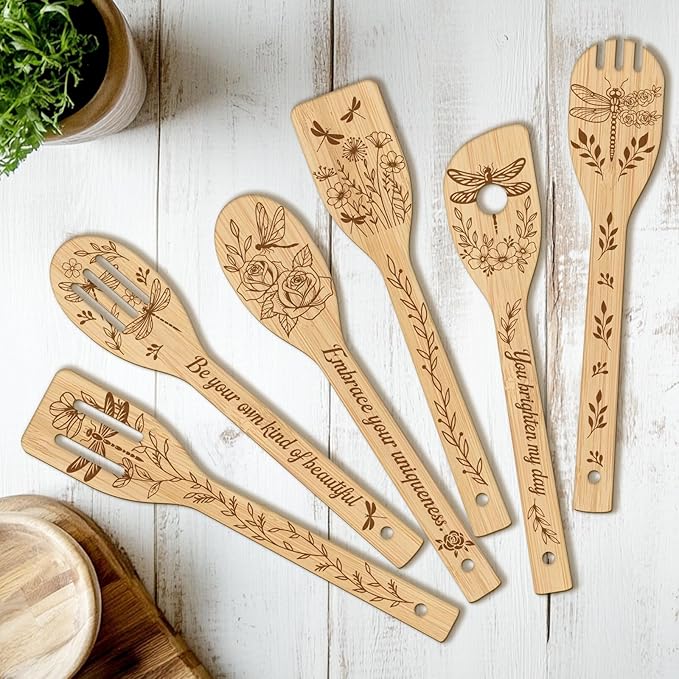 CUTHOLLOW 6PCS Dragonfly and Flower Wooden Kitchen Cooking Utensil Set, 11.9in Non Toxic Bamboo Wood Spoon Set for Cooking, Best Housewarming Birthday Thanksgiving Christmas Gift for Women Mother