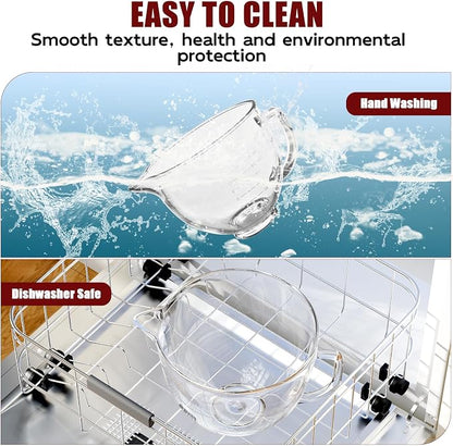 Double-layer Thickened Glass Mixer Bowl For Kitchenaid Tilt-Head Stand Mixers 4.5-5 Quart, 5Qt Mixing Bowl Replacement For Kitchenaid with Measurement Markings & Handle