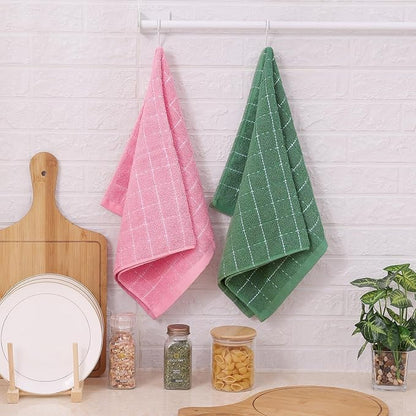 Mordimy 100% Cotton Terry Cloth Kitchen Towels, Super Soft and Absorbent Dish Towels for Drying, Checkered Designed Hand Towels for Kitchen, 13 x 28 Inches, 4 Pack, Grass Green