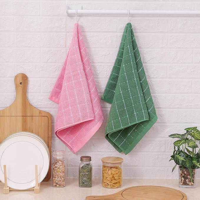 Mordimy 100% Cotton Terry Cloth Kitchen Towels, Super Soft and Absorbent Dish Towels for Drying, Checkered Designed Hand Towels for Kitchen, 13 x 28 Inches, 4 Pack, Pink