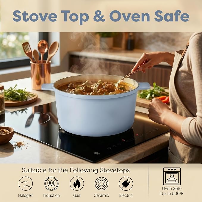Gotham Steel 5 Qt Lightweight Ceramic Dutch Oven Pot with Lid, Nonstick Sourdough Dutch Oven for Bread Baking, 10 in 1 Stock Pot Ovens for Pasta, Spaghetti, Bread and More, Pots for Cooking