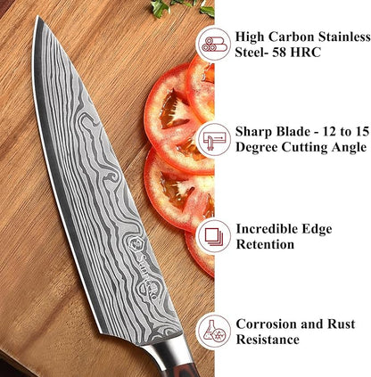 Sunnecko 8 Inch Chef Knife - Ultra Sharp 12-15 Degree Edge Kitchen Knife for Meat Vegetable Cutting Japanese Style, High Carbon Stainless Steel Blade, Pakkawood Handle &Sheath, Cooking Father Day Gift
