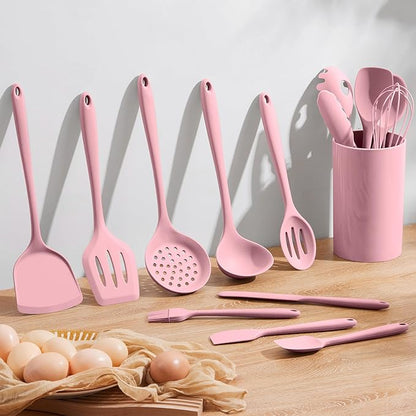 Homikit 15-Piece Kitchen Utensil Set, Silicone Cooking Utensils Spatula Set with Holder for Nonstick Cookware, Heat Resistant Kitchen Tools Gadgets for Cooking and Baking-Pink