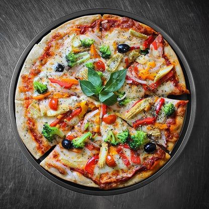 DecorRack 13 Inch Carbon Steel Pizza Pan, [Premium] Non-Stick Coating, Commercial Grade, Serving Tray, Heavy Duty Round Baking Tray for Oven Use (2 Pack)