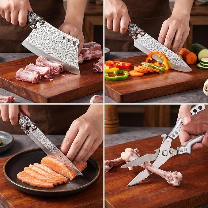 7-Piece Kitchen Knife Set, Sharp Chef Knife Set with Chinese Cleaver, Forged High Carbon Steel Butcher Knife Set, Cooking Knives, Knife Set Without Block for Home Kitchen & BBQ