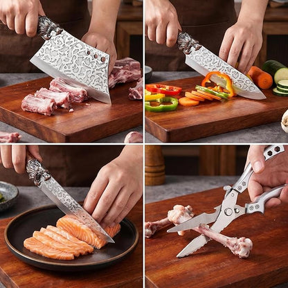 7-Piece Kitchen Knife Set, Sharp Chef Knife Set with Chinese Cleaver, Forged High Carbon Steel Butcher Knife Set, Cooking Knives, Knife Set Without Block for Home Kitchen & BBQ