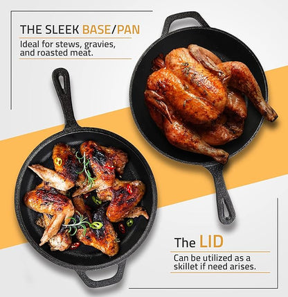 KICHLY Combo Cooker Cast Iron Dutch Oven with Lid 2 in1, Pre-seasoned Multi Cookware Skillet, 3.2QT Cast Iron Pan Dutch Oven Deep Pot with Frying Pan 10.25 Inch, Grill Induction Stovetop Camping