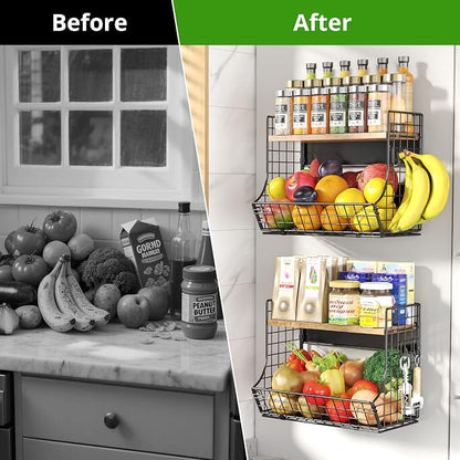 2 Pack Magnetic Shelf for Fridge with Wood Lid, Fruit Potato and Onion Storage Bins, Pantry Organizers and Storage, Strong Magnetic Spice Rack for Refrigerator, Kitchen Counter and Laundry Room