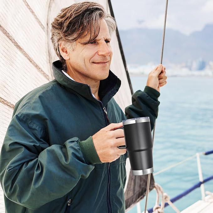 20 oz Stainless Steel Tumbler with Handle Bulk Metal Insulated Tumblers Travel Coffee Mug with Handle Double Wall Tumbler Cup with Lid and Straw, Black 6 Pack