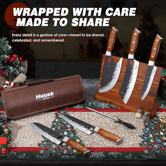 Huusk Butcher Knives for Meat, Hand Forged Carbon Steel Viking Kitchen Knife Set with Roll Bag, Meat Cleaver Chef Knife Sets for Cooking Camping BBQ, Gift for Men Husband