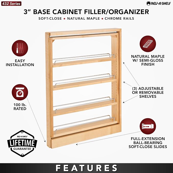 Rev-A-Shelf Pullout Filler w/Soft-Close for Between Base Kitchen Cabinets, Wooden Pantry Storage Shelves for 3" W x 30" H Opening, New Install Only, 432-BFBBSC-3C