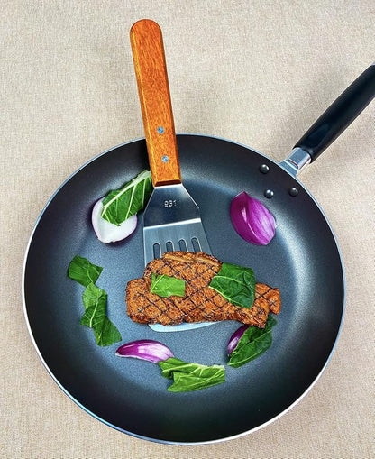 KLAQQED 2Pcs Metal Spatulas Set, Metal Spatula for Cast Iron Skillet, Cooking Utensils Fish Egg Grill Spatula Stainless Steel Slotted Spatula, Wok Flat Top Small Metal Spatula Turner with Wood Handle