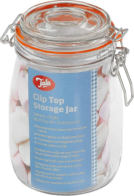 Tala Glass Storage Jar, 1000ml Clear Glass Food Container with Airtight Lid, Ideal for Dry Food Storage, Preserving, and Reducing Waste, Reusable & Eco-Friendly