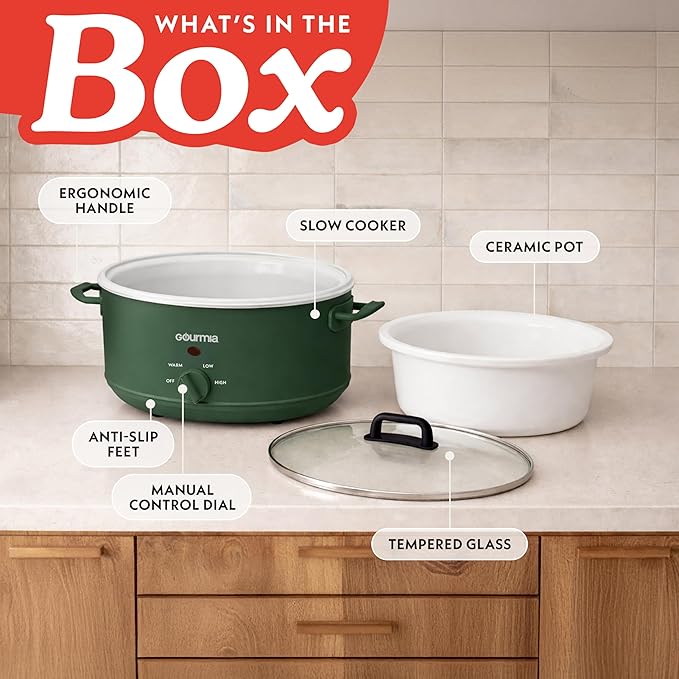 Gourmia Slow Cooker - 7 Quart Removable Ceramic Pot, Manual Controls with 3 Temperature Settings, Dishwasher Safe Crock and Glass Lid, Green