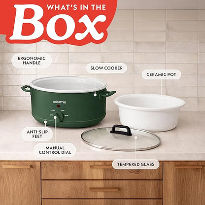 Gourmia Slow Cooker - 7 Quart Removable Ceramic Pot, Manual Controls with 3 Temperature Settings, Dishwasher Safe Crock and Glass Lid, Green