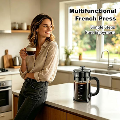 QUQIYSO French Press Coffee Maker, Large Coffee Press with Thick Borosilicate Glass, 304 Stainless Steel Filter, Finish Tea & Cold Brew Coffee Maker for Home, Office, Party, 51oz, Dark Pewter