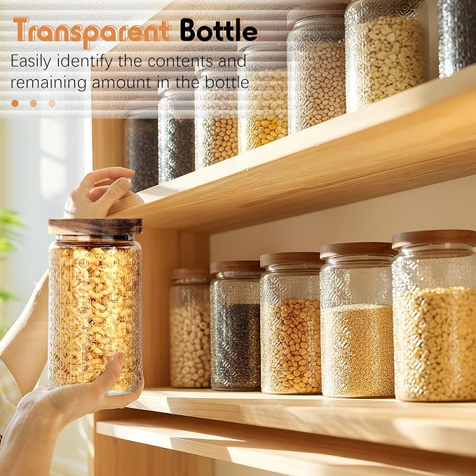 Domensi 6 Pcs Vintage Glass Jars 34 oz Glass Storage Jars with Lids Window Pattern Airtight Storage Containers for Kitchen Counter Pantry Coffee Bean Grains Tea Sugar Flour Candy Oats