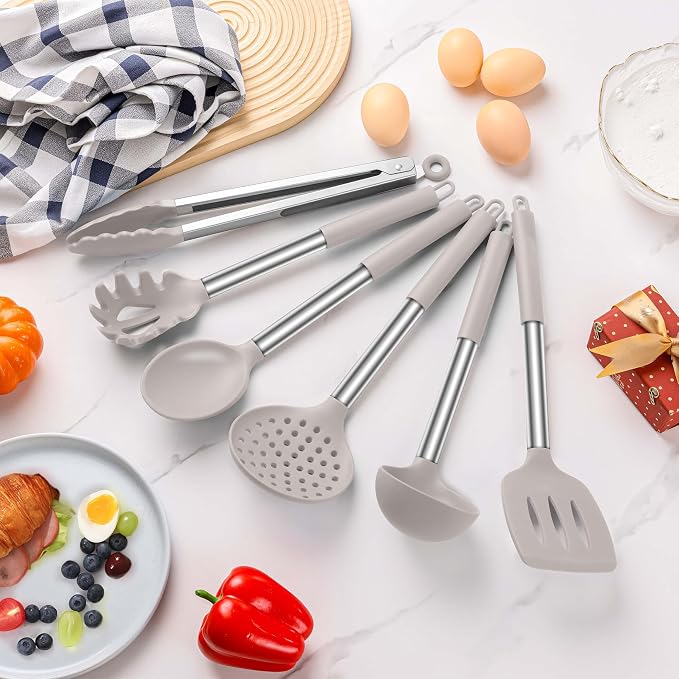 LIANYU Cooking Utensils Set of 6, Silicone Kitchen Utensils Set for Nonstick Cookware, Heat Resistant Kitchen Gadgets Tools, Includes Spatulas, Spoons, Tongs, Stainless Steel Handle, Khaki