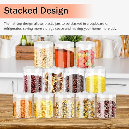 SLifeJars Plastic Jars 8oz Clear Plastic Slime Jars 24Pcs Empty Round Food Jar with White Lids Stackable Refillable Travel Jar Slime Containers for Slime Making Kitchen and House Storage