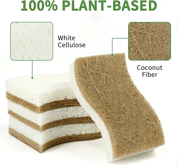9 Pack Biodegradable Natural Kitchen Sponge - Compostable Cellulose and Coconut Walnut Scrubber Sponge - Eco Friendly Sustainable Sponges for Dishes